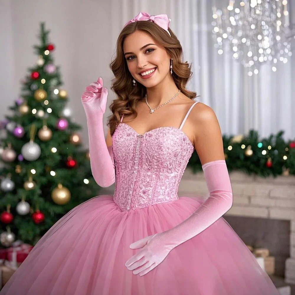 Women's Pink Velvet Long Gloves Elbow Length Costume Flapper Evening Banquet
